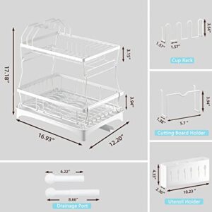 ParkNbuy Dish Drying Rack,2-Tier Detachable Dish Racks for Kitchen Counter,Large Capacity Dish Drying Rack Drainboard Set with Utensil Pots Holder and Cutting Board Holder White