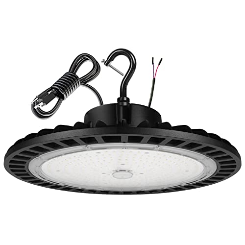 SENSAN led LED High Bay Light 100W 1-10V Dimmable UFO Commercial Lighting Fixture 5000K 5' Cable with US Plug Equivalent to 400W HPS/HID - Ideal for Garage Shop Lights Workshops Warehouse Factory