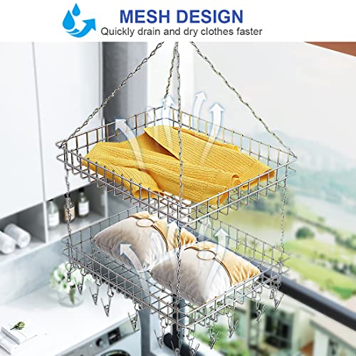 Clothes Drying Rack, Hanging Dryer Sweater Drying Rack, Stainless Steel Laundry Drying Rack with 20 Clips, Clothing Hangers for Drying Sweater, Socks, Towels, Baby Clothes, Shoes (2 Tier, Square)