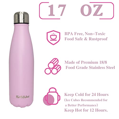 SASEUM Kids Insulated Metal Water Bottles 17oz Stainless Steel Double Wall Vacuum Thermal Flask with Lid Keep Cold for 24 Hours and Hot for 12 Hours Water Jug for School,Sports-Pink