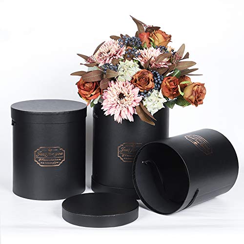 BBJ WRAPS Black Flower Bouquet Round Gift Boxes with Lids Cylinder Florist Packaging Cardboard Box for Flowers Supplies Set/3 (S/M/L)