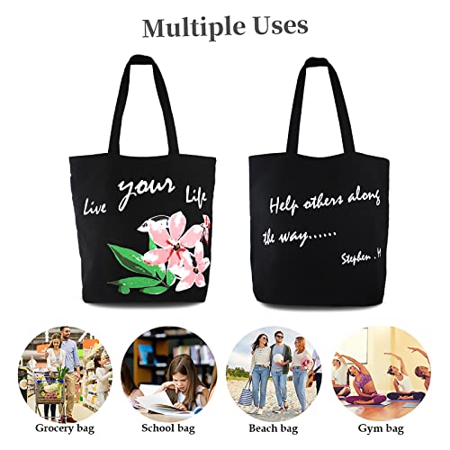 MEL JUN Canvas Tote Bag for Women, Light Beach Bags Gym Tote Reusable Grocery Bag Reading Totes Weekend Church Bag Black Floral Tote Bags with Pink Flower