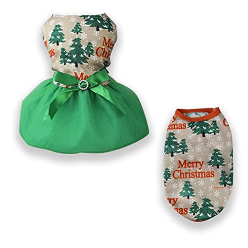 Holiday Theme Christmas Dog Dress with Bowknot + Lightweight Cat Vest for Small Medium Dogs Cats (Small, Dark Green)