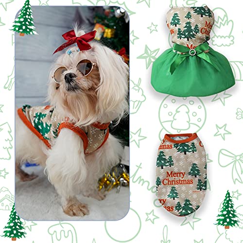 Holiday Theme Christmas Dog Dress with Bowknot + Lightweight Cat Vest for Small Medium Dogs Cats (Small, Dark Green)