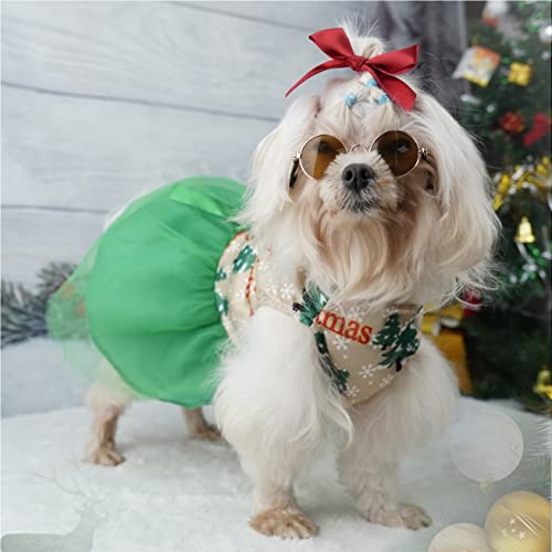 Holiday Theme Christmas Dog Dress with Bowknot + Lightweight Cat Vest for Small Medium Dogs Cats (Medium, Dark Green)