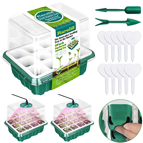 Rarello 3 Packs Seed Starter Tray with Grow Light,Reusable Pop-Out Seed Starter Kit,36 Cells Seedling Starter Trays with Humidity Domes,Indoor Gardening Plant Germination Trays for Seeds Starting