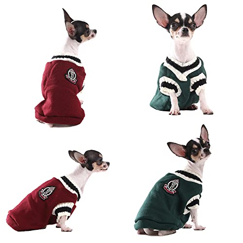 Paiaite 2 Pack V Neck College Dog Sweater Thickening Soft Doggy Jacket British Style Warm Pet Clothes Cold Weather Coats for Puppy Small Dogs Jumper Sweaters Red and Green S