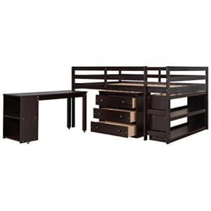 Low Full Loft Bed with Desk and Dresser Wood Kids Loft Beds Frame with Cabinet & Storage Shelves & Rolling Portable Desk for Juniors, Teen, Boys, Girls, Full Size, Espresso