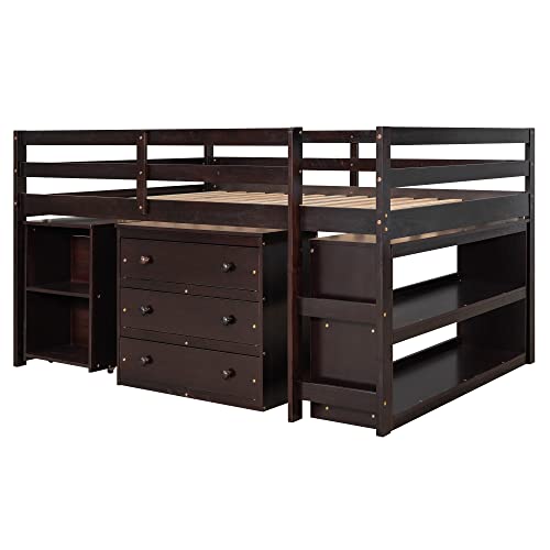 Low Full Loft Bed with Desk and Dresser Wood Kids Loft Beds Frame with Cabinet & Storage Shelves & Rolling Portable Desk for Juniors, Teen, Boys, Girls, Full Size, Espresso