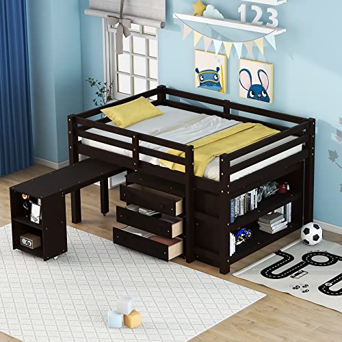 Low Full Loft Bed with Desk and Dresser Wood Kids Loft Beds Frame with Cabinet & Storage Shelves & Rolling Portable Desk for Juniors, Teen, Boys, Girls, Full Size, Espresso