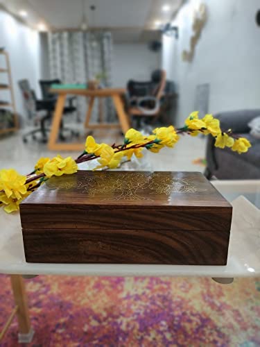 collectiblesBuy Handmade Wooden Box Hinged Lid Brown keepsake Unfinished Jewelry and DIY Crafts Storage Box for Women Jewel Organizer Golden Floral Print Decorative Wood Stash Boxes Walnut Finish