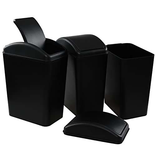 Saedy 3 Pack Plastic Slim Kitchen Garbage Can with Lid, 16 L Swing Top Trash Can, Black