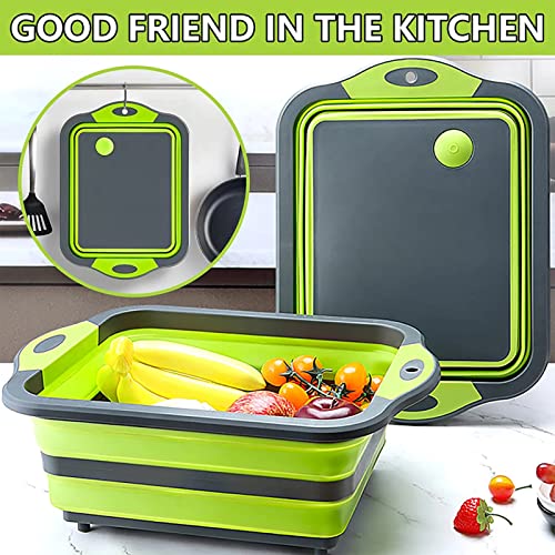 COMUSTER Collapsible Cutting Board - Portable Washing Veggies Fruits Food Grade Camping Sink (4.25 Gal) Space Saving 3 in 1 Multifunction Storage Basket for BBQ Prep/Picnic/Camping (Green)