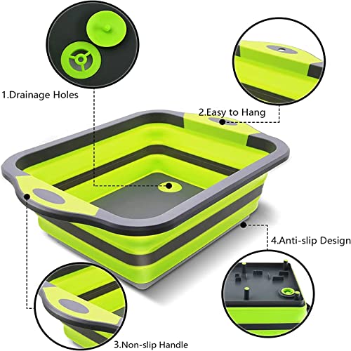 COMUSTER Collapsible Cutting Board - Portable Washing Veggies Fruits Food Grade Camping Sink (4.25 Gal) Space Saving 3 in 1 Multifunction Storage Basket for BBQ Prep/Picnic/Camping (Green)