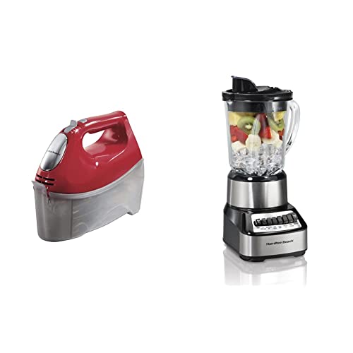 Hamilton Beach 6-Speed Electric Hand Mixer, Red & Wave Crusher Blender with 40 Oz Glass Jar and 14 Functions for Puree, Ice Crush, Shakes and Smoothies, Stainless Steel (54221)