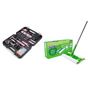 Amazon Basics Household Tool Kit with Tool Storage Case - 142-Piece, Pink & Swiffer Sweeper 2-in-1 Mops for Floor Cleaning, Dry and Wet Multi Surface Floor Cleaner, 20 Piece Set