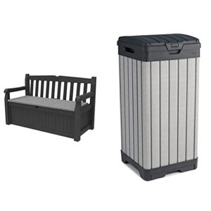 Keter Solana 70 Gallon Storage Bench Deck Box Grey & Rockford Resin 38 Gallon Trash Can with Lid and Drip Tray for Easy Cleaning-Perfect for Patios Kitchens and Outdoor Entertaining Grey