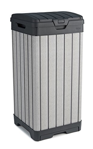 Keter Solana 70 Gallon Storage Bench Deck Box Grey & Rockford Resin 38 Gallon Trash Can with Lid and Drip Tray for Easy Cleaning-Perfect for Patios Kitchens and Outdoor Entertaining Grey