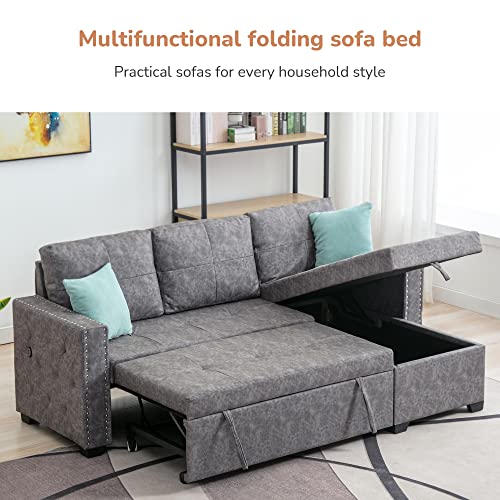 Goohome 84" L Sectional USB Charger,2 Sofa Bed with Storage Chaise,Sleeper Independent Use as Coffee Table, Nail Headed for Living Room Furniture Apartment/Upstairs Loft, Gray / 3-seat
