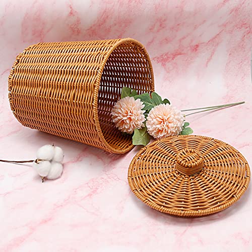 Aynaxcol Woven Basket Trash Can Storage, Simulated Rattan Woven Basket, Wastebasket Garbage Bin with Lid for Home Laundry Utility Rooms