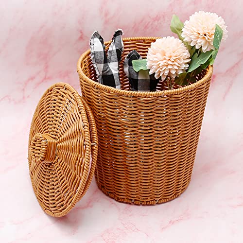 Aynaxcol Woven Basket Trash Can Storage, Simulated Rattan Woven Basket, Wastebasket Garbage Bin with Lid for Home Laundry Utility Rooms