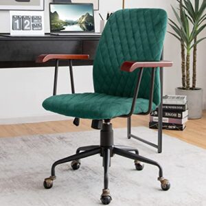 velvet home office desk chair with wooden armrests, adjustable swivel vintage mid-back leisure chair with padded seat, task chair upholstered computer chair for work study (green)