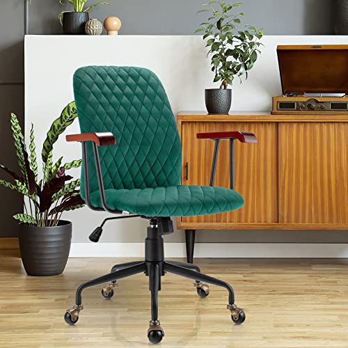 Velvet Home Office Desk Chair with Wooden Armrests, Adjustable Swivel Vintage Mid-Back Leisure Chair with Padded Seat, Task Chair Upholstered Computer Chair for Work Study (Green)