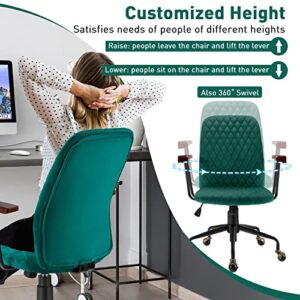 Velvet Home Office Desk Chair with Wooden Armrests, Adjustable Swivel Vintage Mid-Back Leisure Chair with Padded Seat, Task Chair Upholstered Computer Chair for Work Study (Green)