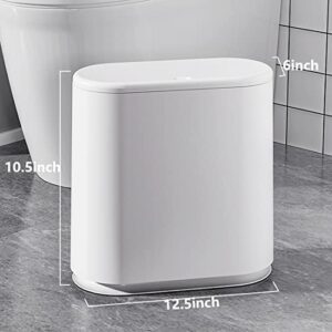 10 Liter Slim Trash Can with Press Top Lid, Oval Split Garbage Bin for Home, Office, Bathroom, (White)