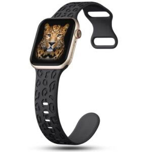 CreateGreat Engraved Bands Compatible with Apple Watch Band 41mm 40mm 38mm, Leopard Carve Pattern Soft Silicone Strap Compatible with iWatch Series 8 7 6 5 4 3 2 1 SE, Women Men,Leopard-Black