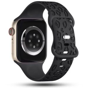 CreateGreat Engraved Bands Compatible with Apple Watch Band 41mm 40mm 38mm, Leopard Carve Pattern Soft Silicone Strap Compatible with iWatch Series 8 7 6 5 4 3 2 1 SE, Women Men,Leopard-Black