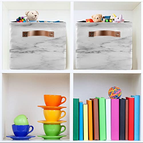 Gougeta Foldable Storage Basket with Handle, Vintage Grunge White Marble Rectangular Canvas Organizer Bins for Home Office Closet Clothes Toys 2 Pack