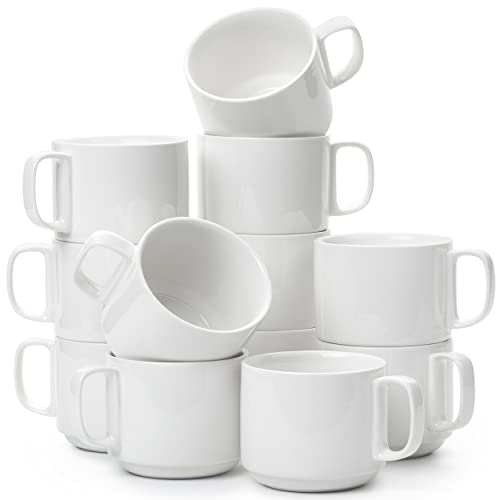 BTaT- Stackable Coffee Mugs, White, 12 Pack, 12 Oz (350 ml), Porcelain Coffee Mugs, Stackable Mugs, Stacking Mugs, Coffee Cup Stacking Set, Stacking Coffee Mugs, White Coffee Mugs