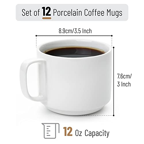 BTaT- Stackable Coffee Mugs, White, 12 Pack, 12 Oz (350 ml), Porcelain Coffee Mugs, Stackable Mugs, Stacking Mugs, Coffee Cup Stacking Set, Stacking Coffee Mugs, White Coffee Mugs