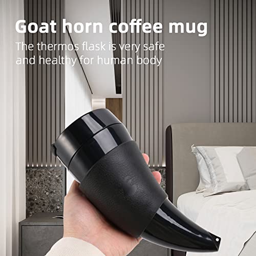 Exogio Goat Horns Coffee Mug 230ML Stainless Steel Vacuum Cup Flask Tea Cups Travel Couple Water Bottle with Rope-Black