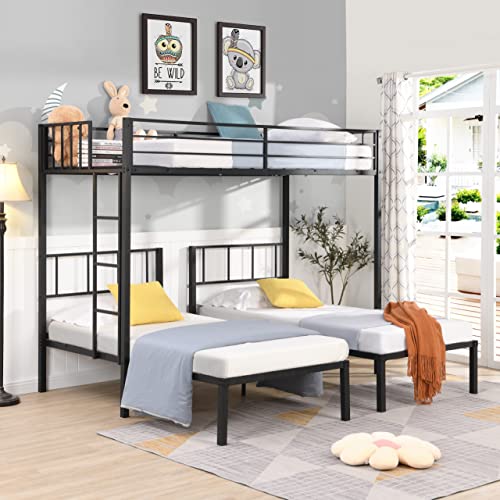 UBGO Triple Bunk Beds for Kids,Metal Triple Bunk Beds Twin Over Twin & Twin Bunk Bed Fame With Safety Guardrails and Ladders for 3,Three Twin Bunk Beds for Kids Teens Boys Girls, Space Saving,No Noise