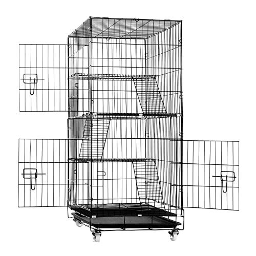 HUSKAR 4-Tier 47 Inch Large Cat Cage Cat Crate Cat Kennel Cat Playpen with Wheels, 3 Doors, 3 Ladders ，Rabbit Cage Playpen Collapsible Cage Indoor Outdoor