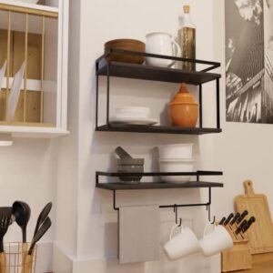 Wall Mounted Floating Shelves Set of 2 with Tissue Rack, Towel Bar & Hooks, Storage Rack for Bathroom, Kitchen, Livingroom, Bedroom & Garage - Black