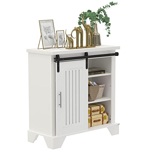 Waktavel Farmhouse Coffee Bar Cabinet with Barn Door and 3 Layers Storage, Kitchen Buffet Storage Cabinet for Dining Room and Entryway, 32.3" Height, White
