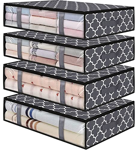 HIPIHOM Underbed Storage Containers, Foldable Under Bed Storage Bags Large Capacity Under-Bed Storage Bins for Blankets, Clothes, Sweaters Comforters with Handles Visible Clear Window, Black 4 Pack
