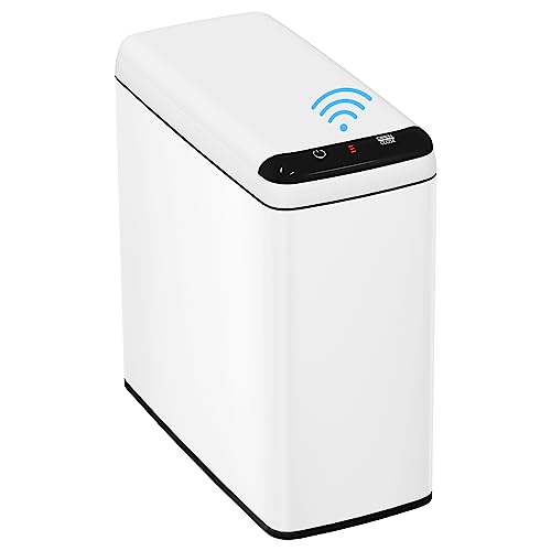 TrashAid Touchless Motion Sensor Trash Can with Lid, 2.4 Gallon Bathroom Stainless Steel Slim Trash Bin Automatic, Small Office Garbage Can White Wastebasket for Toilet, rv, livingroom, 9 Liter