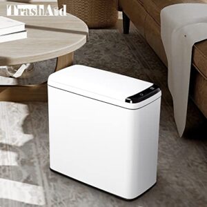 TrashAid Touchless Motion Sensor Trash Can with Lid, 2.4 Gallon Bathroom Stainless Steel Slim Trash Bin Automatic, Small Office Garbage Can White Wastebasket for Toilet, rv, livingroom, 9 Liter