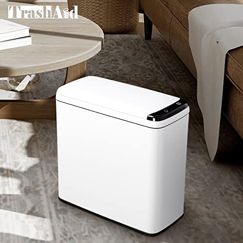TrashAid Touchless Motion Sensor Trash Can with Lid, 2.4 Gallon Bathroom Stainless Steel Slim Trash Bin Automatic, Small Office Garbage Can White Wastebasket for Toilet, rv, livingroom, 9 Liter