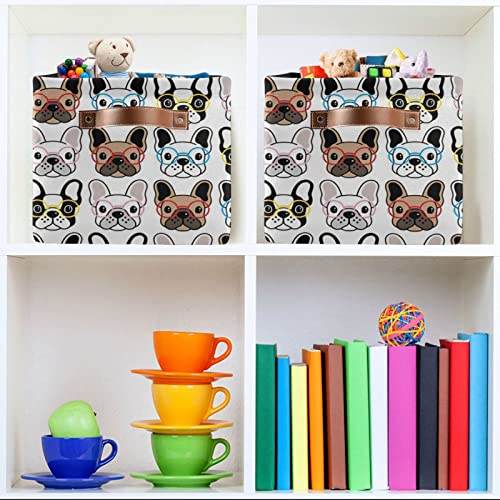 Gougeta Foldable Storage Basket with Handle, Cute Colorful French Bulldog Puppy Rectangular Canvas Organizer Bins for Home Office Closet Clothes Toys 1 Pack