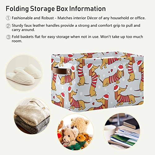 Gougeta Foldable Storage Basket with Handle, Christmas Cartoon Dogs Dachshund Rectangular Canvas Organizer Bins for Home Office Closet Clothes Toys 2 Pack