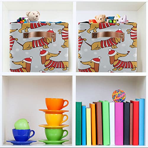 Gougeta Foldable Storage Basket with Handle, Christmas Cartoon Dogs Dachshund Rectangular Canvas Organizer Bins for Home Office Closet Clothes Toys 2 Pack