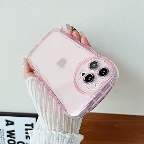 Qokey Compatible with iPhone 14 Pro Max Case(2022 6.7"),Cute Clear Love Case,Love-Heart Camera Frame Wavy Edge Transparent Full Protection Soft TPU Shockproof Phone Case Cover for Women Girls,Pink