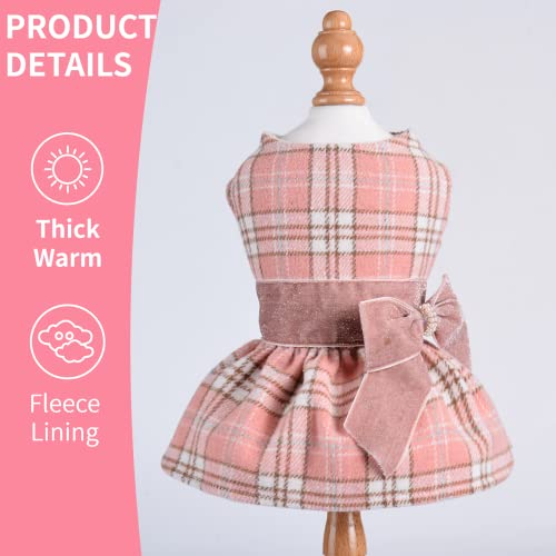 Winter Dog Dress for Small Dogs Girl, Pink Plaid Dog Dresses Winter Warm Fleece Lining Female Small Dog Clothes, Pet Outfits Coat, Cat Apparel for Holiday,Christmas,Small,Yikeyo