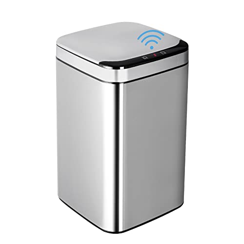 TrashAid Touchless Motion Sensor Trash Can with Lid, 3.4 Gallon Stainless Steel Bin Odor Filter, Automatic Garbage Silver Wastebasket for Bedroom, Office, Living Room (AMZUSIJS01SIL030031)