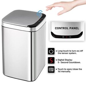TrashAid Touchless Motion Sensor Trash Can with Lid, 3.4 Gallon Stainless Steel Bin Odor Filter, Automatic Garbage Silver Wastebasket for Bedroom, Office, Living Room (AMZUSIJS01SIL030031)